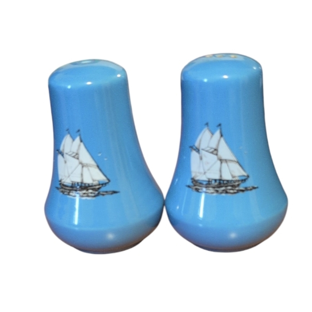 Kingswear Blue Sailboat Salt & Pepper Shakers Pottery Made in England Nautical
